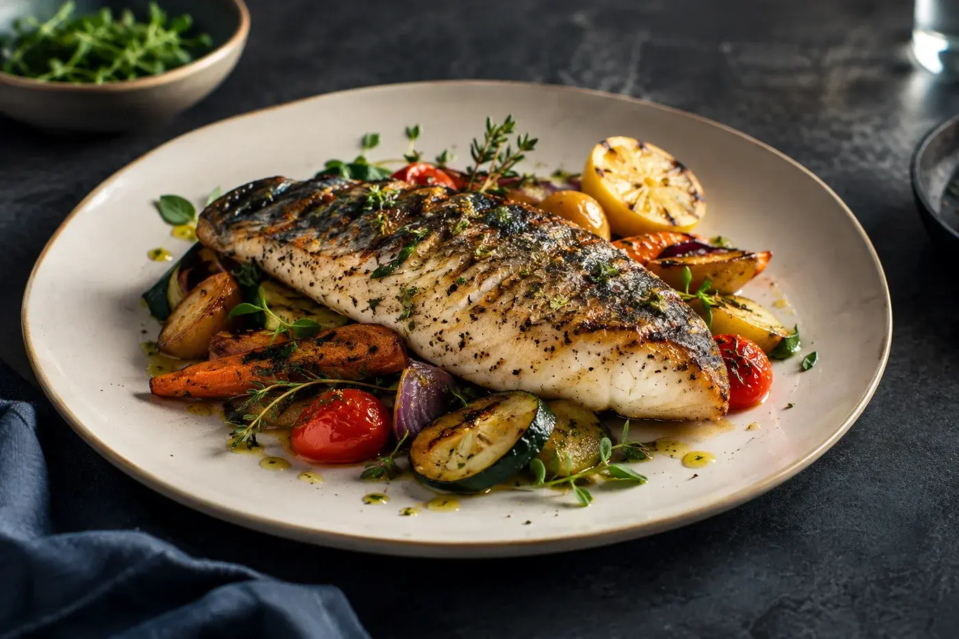 Plated sea bass with vegetables on an ivory plate