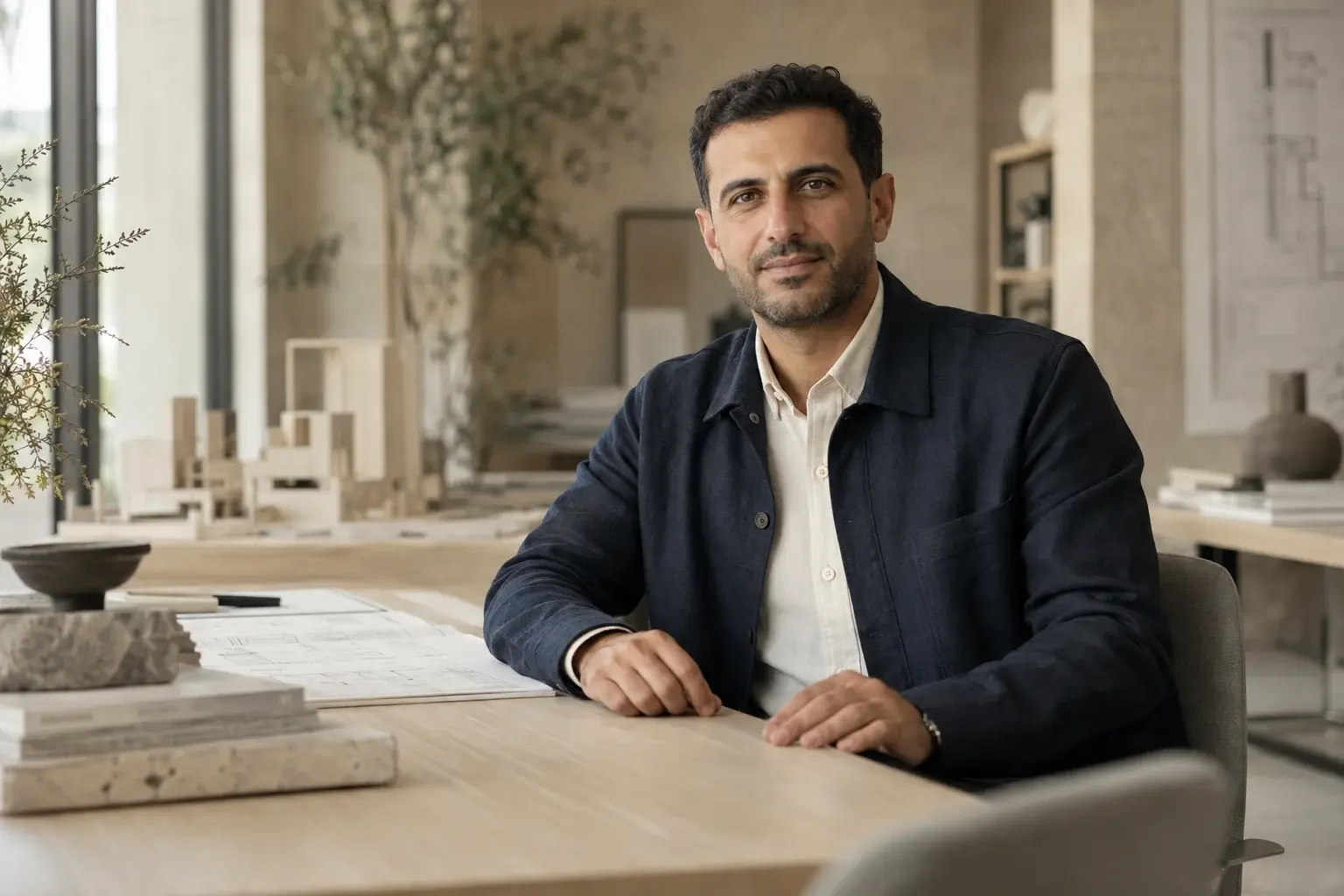 portrait of an architect seated in a naturally lit office