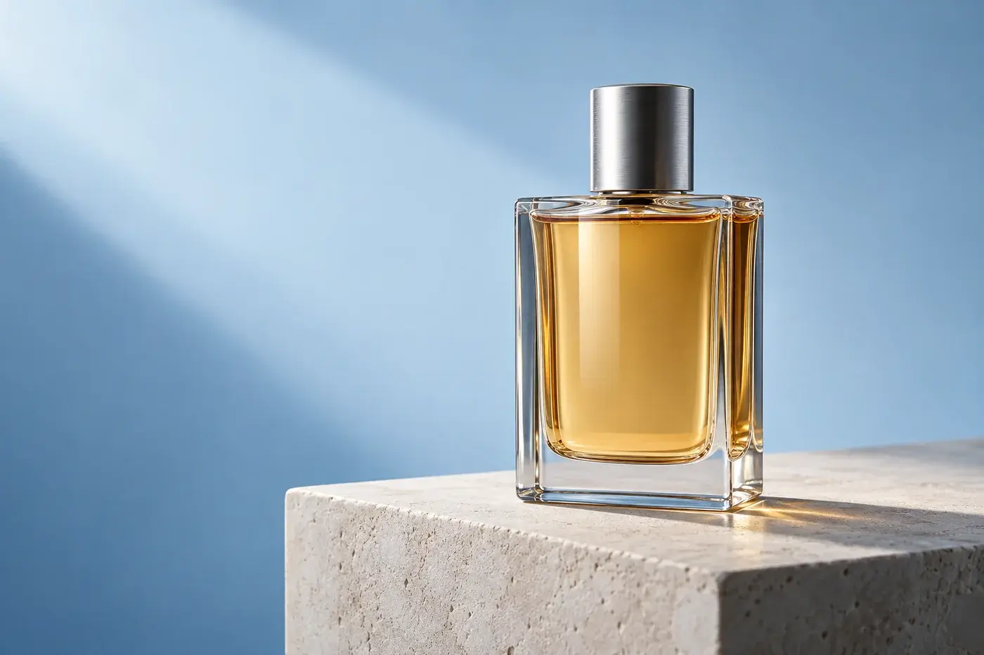 Unbranded perfume bottle photographed against a pale blue background