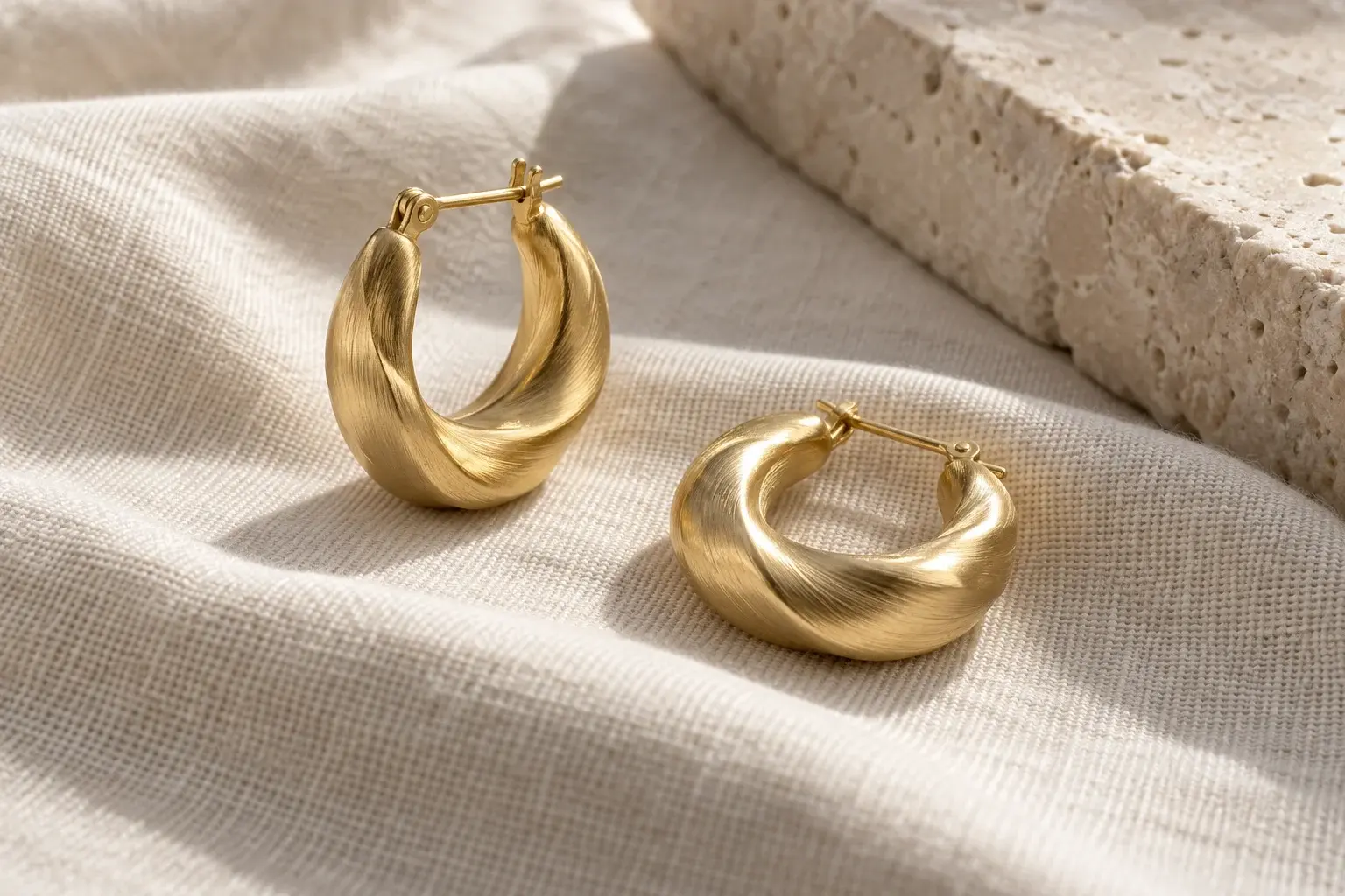 brushed gold earrings on ivory linen