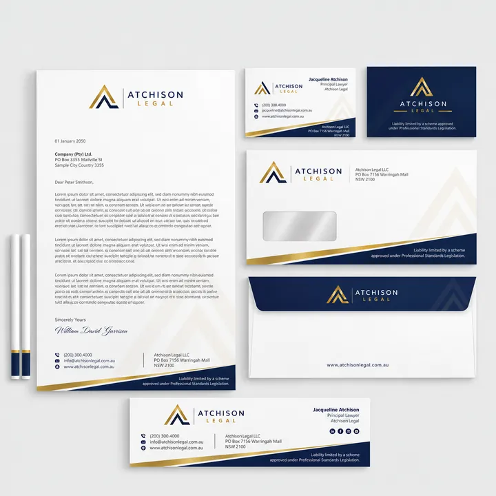 Atchison Legal letterhead, envelopes and business cards in navy and gold
