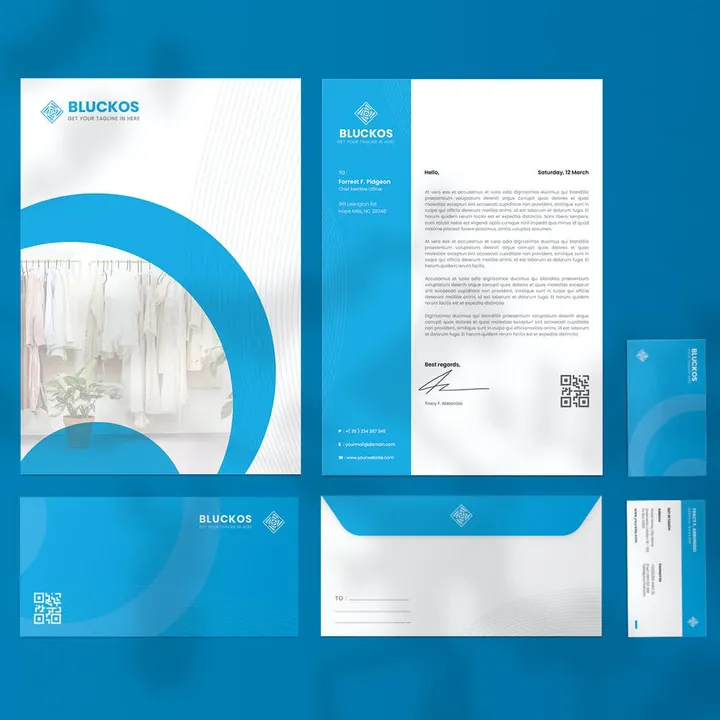 Bluckos letterhead, envelope and cards in bright blue