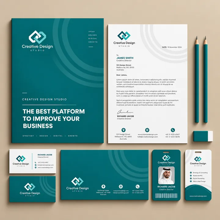 Creative Design Studio folder, letterhead, cards and staff ID in teal