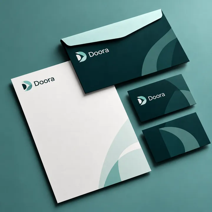 Doora letterhead, envelope and business cards in deep teal