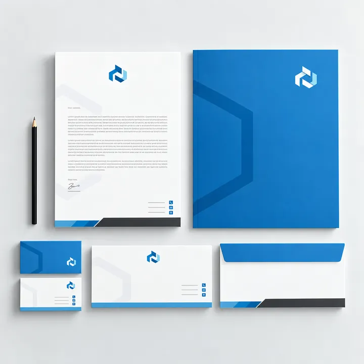 Blue folder, letterhead, envelopes and business cards