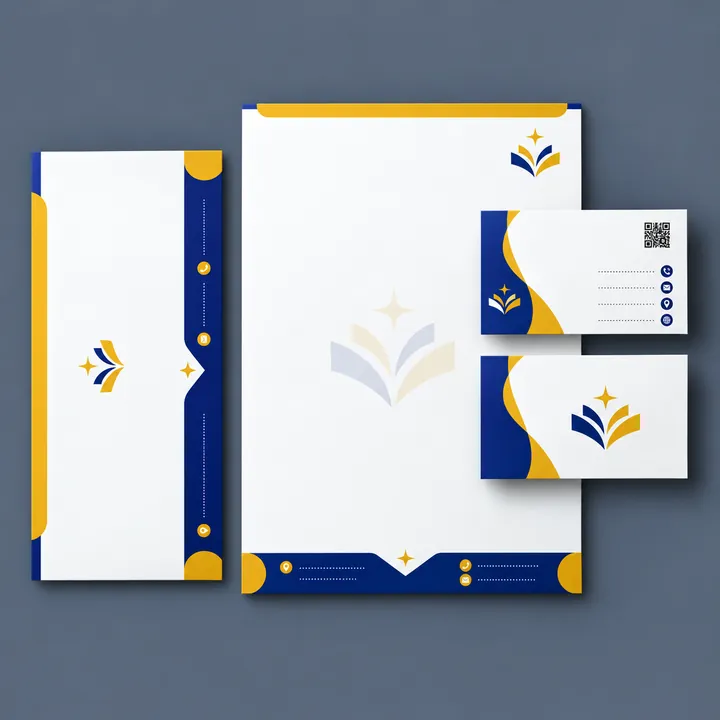 Navy and gold letterhead, envelope and business cards