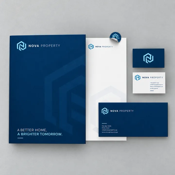 NOVA Property folder, letterhead and business cards in navy