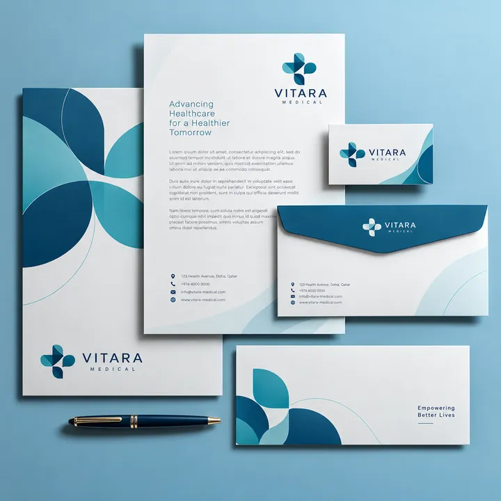 Vitara Medical letterhead, envelope and business cards in blue