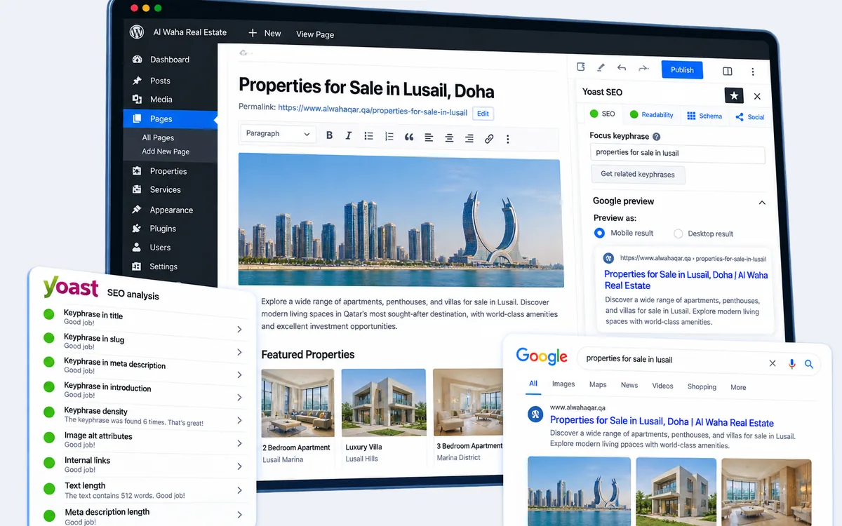 WordPress page with Yoast SEO checks and its Google result