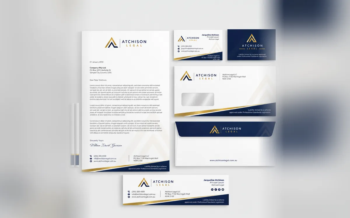 Atchison Legal letterhead, envelopes and business cards in navy and gold