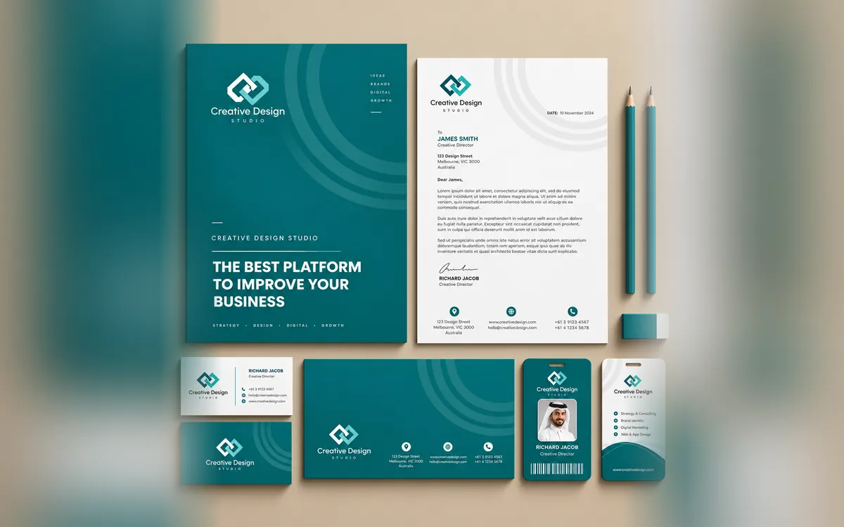 Creative Design Studio folder, letterhead, cards and staff ID in teal