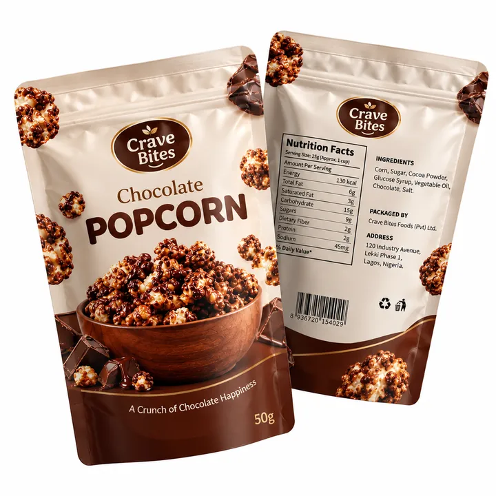 Front and back of a Crave Bites chocolate popcorn pouch