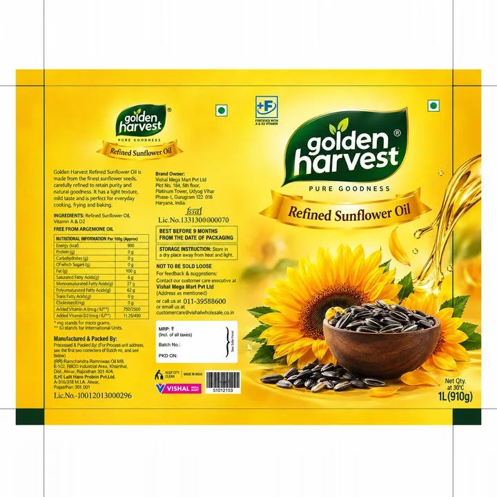 Golden Harvest refined sunflower oil label laid flat