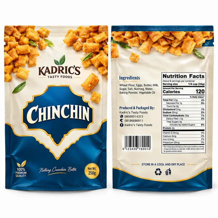 Front and back of a Kadric's chinchin snack pouch