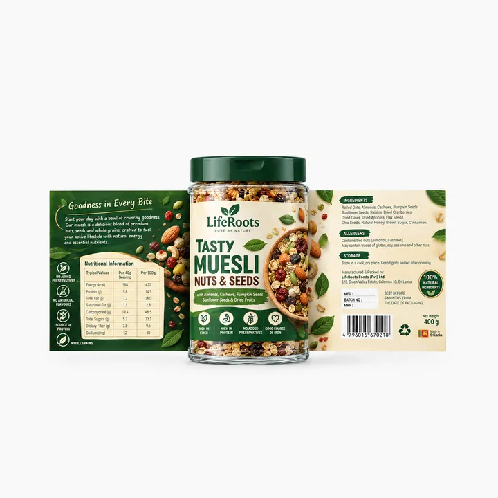 LifeRoots muesli jar beside its unrolled label