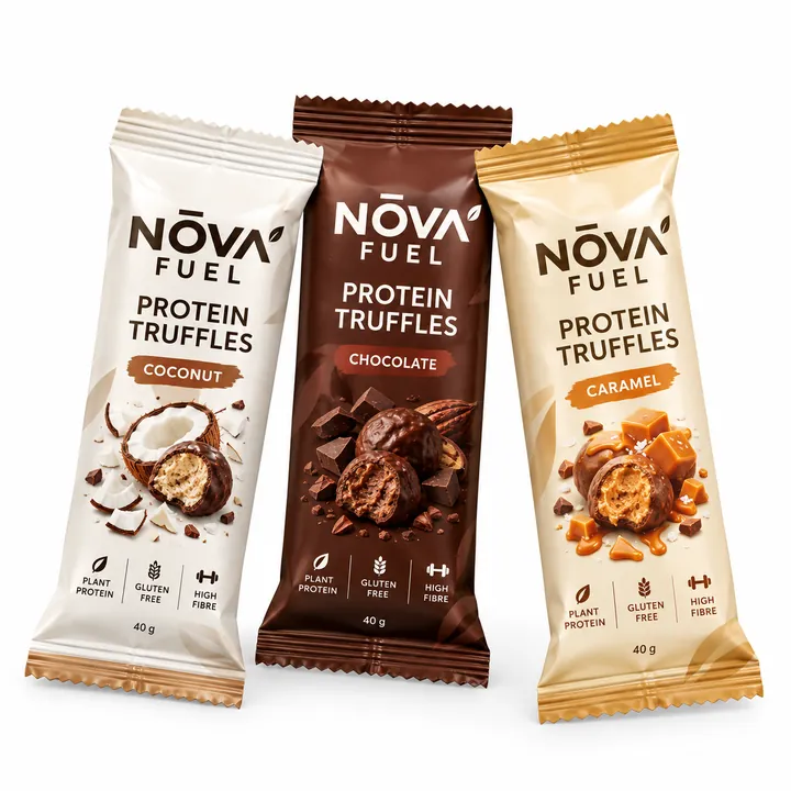 Three NOVA Fuel protein truffle wrappers in coconut, chocolate and caramel
