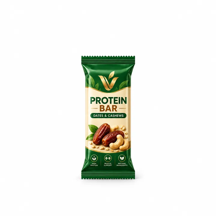 Dates and cashews protein bar wrapper in green