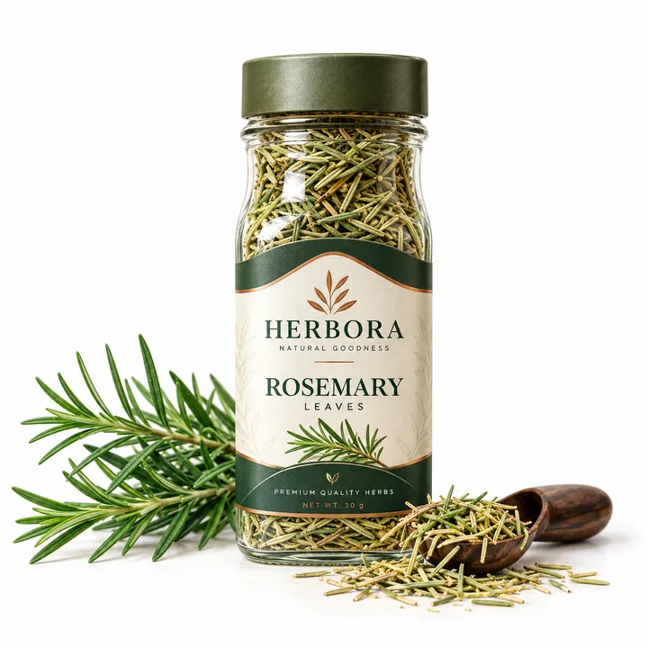 Herbora rosemary leaves jar with fresh rosemary sprigs