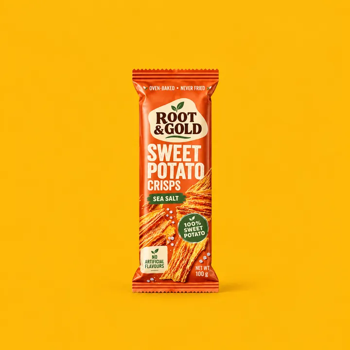 Root and Gold sweet potato crisps pack on yellow