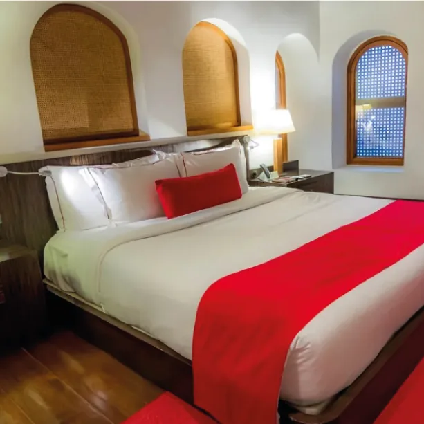 Hotel room with arched windows and a red bed runner