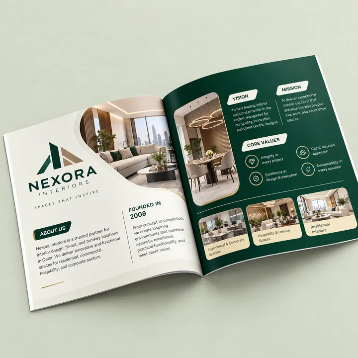 Nexora Interiors company profile open on its about and values pages
