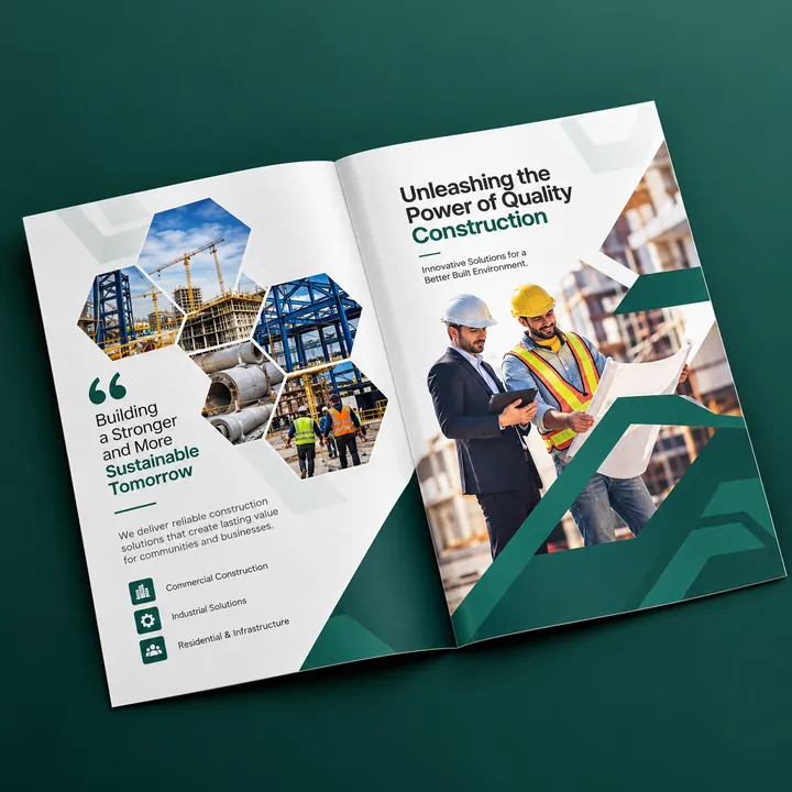 Construction company brochure spread with engineers on site